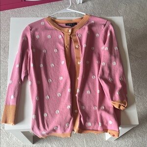 Talbots Pink Cardigan with White Polka Dots and Orange Trim